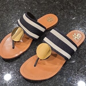 Tory Burch Black and Tan Striped Sandals